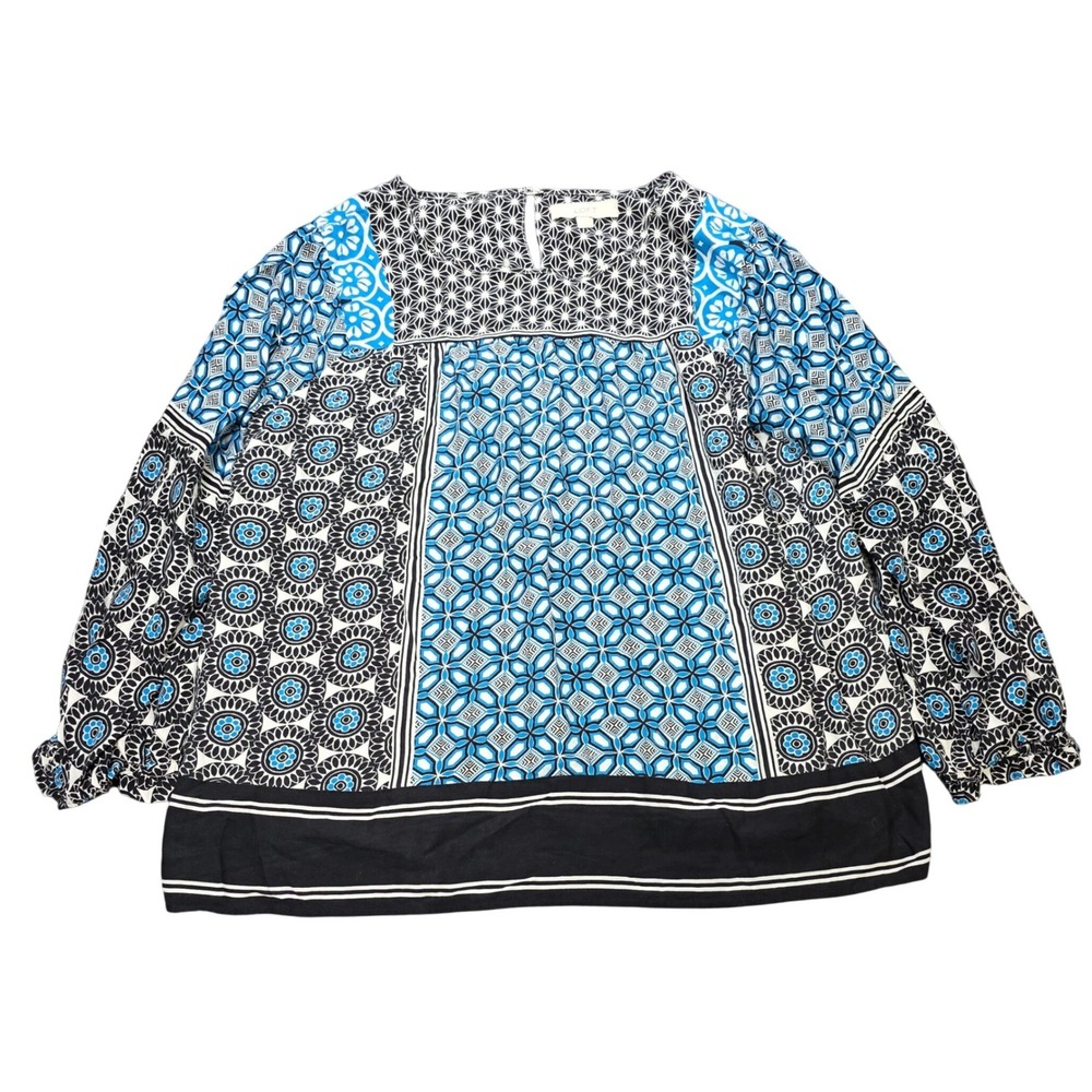 Ann Taylor LOFT Geometric Floral Blouse Women's Size XL Blue Tile Mixed Print